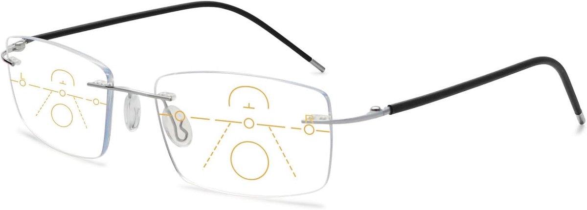 Blue-lichtfilter, glijbril, leesbril, randloos, titanium, metaal, ultralicht, multifocus, progressief, anti-blauw licht, zichthulp, leeshulp, bril voor heren en dames, 1 stuk zilver., Eén