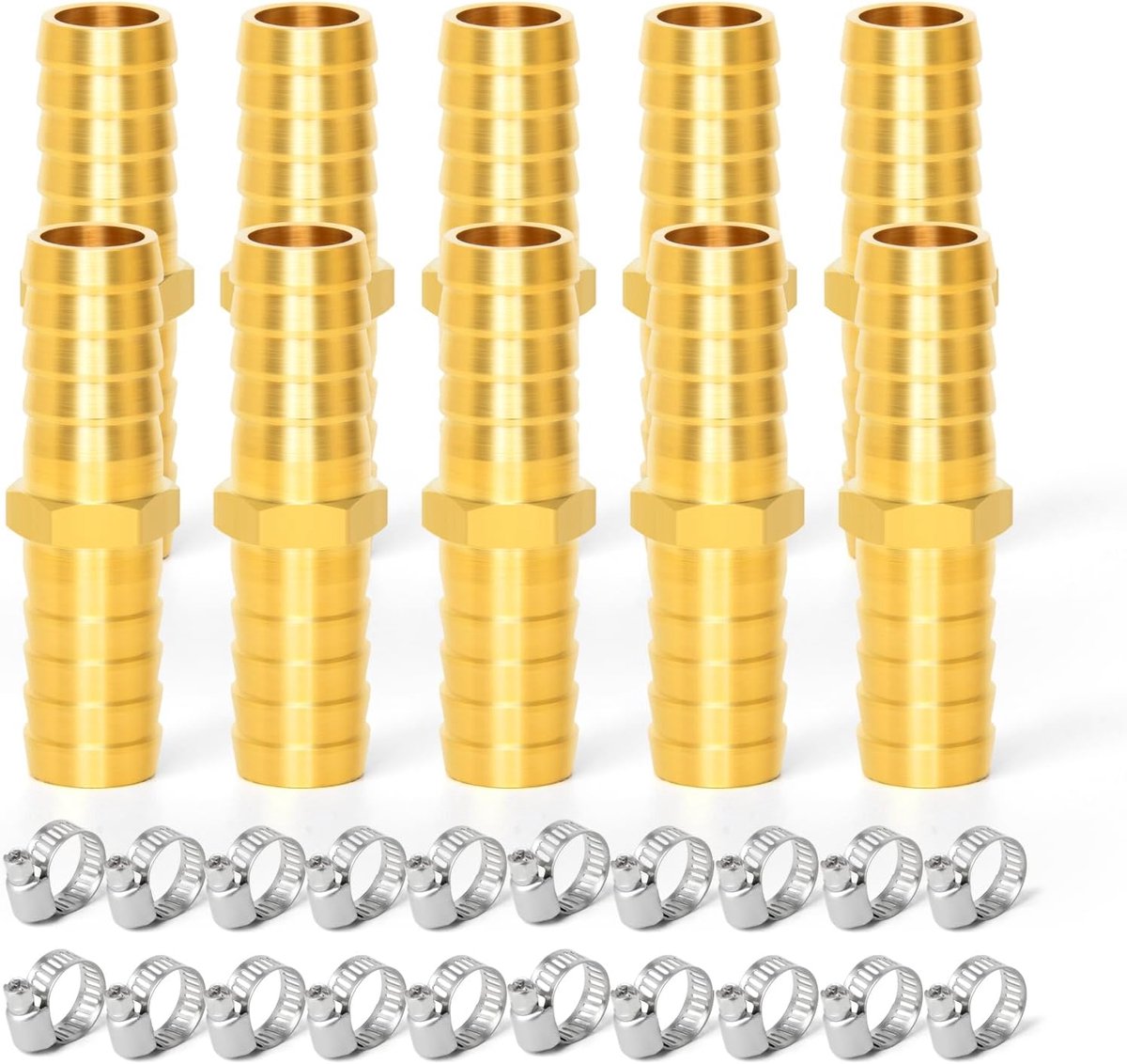 10 Stuks messing slangpilaar reduceer, 6mm Inch naar 6mm Inch Barb slang ID met 20 slangklemmen, messing slangpilaar reduceer SPLICER fitting brandstof/lucht/water/olie/gas/aardgas