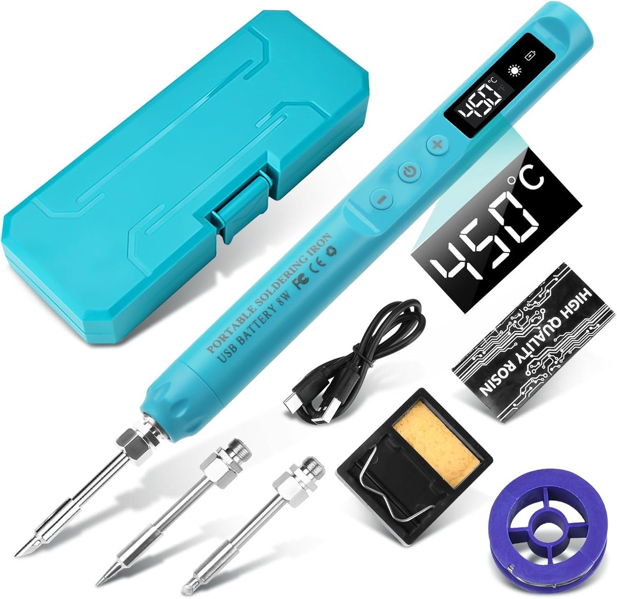Oplaadbare soldeerbout, draagbare draadloze soldeerpen met LCD-display, temperatuur instelbaar 400-1000 °F, met 3 tips voor elektronicareparatie, sieraden maken, doe-het-zelf projecten - blauw