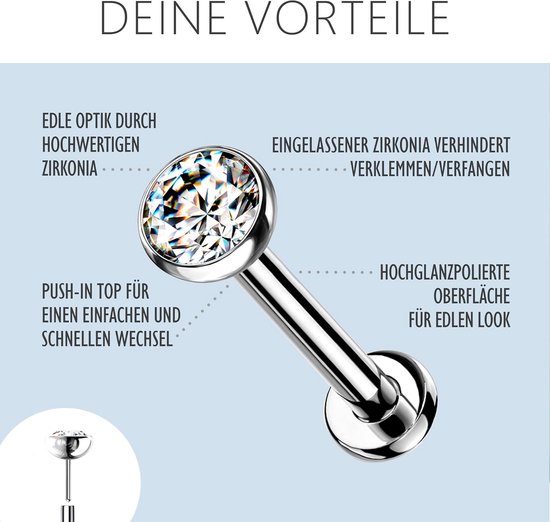 Piercing titanium zirkonia zilver push-up zonder schroefdraad kraakbeen helix tragus piercing lip universele piercing bal plat — afbeelding 4