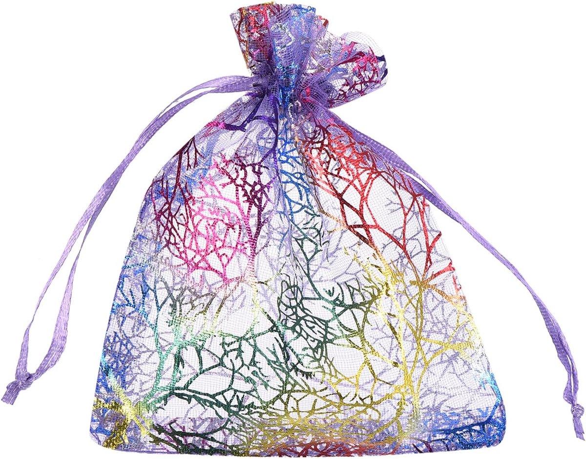 Organzazakjes, 9 x 12 cm, cadeauzakjes, sieradenzakjes, kleurrijk koraalpatroon, mesh zakjes met trekkoord, organzazakjes voor bruiloft, feest, snoep, lichtpaars-goud, 100 stuks