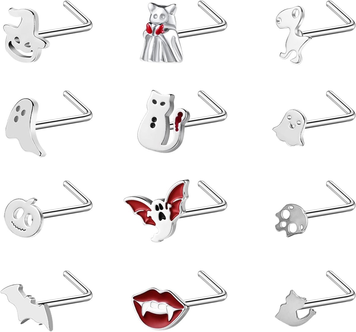 12 stuks 20G roestvrij staal hypoallergene neusring - Halloween vleermuis schedel pompoen L-vormige kurkentrekker neus stud zilver zwart neusgat piercing sieraden voor vrouwen mannen
