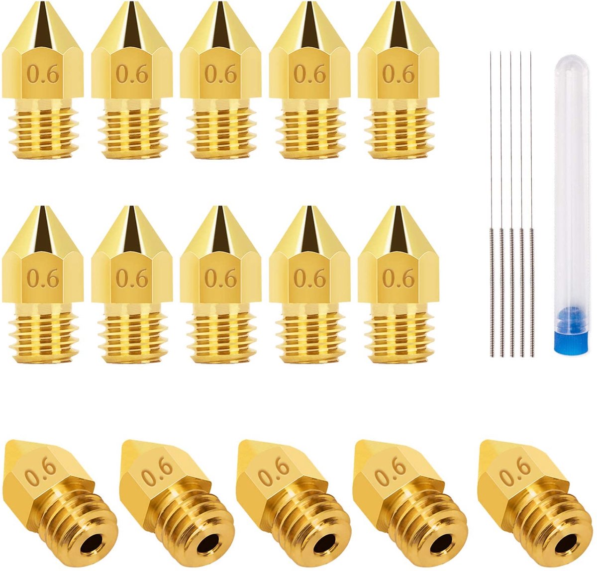 15PCS 0.6mm 3D Printer Nozzle MK8 Extruder Nozzle + 5 STKS 0.5mm Roestvrij Staal Naalden Spuitmond Reiniging Hoofd Printer Cleaner voor Makerbot Creality CR-10