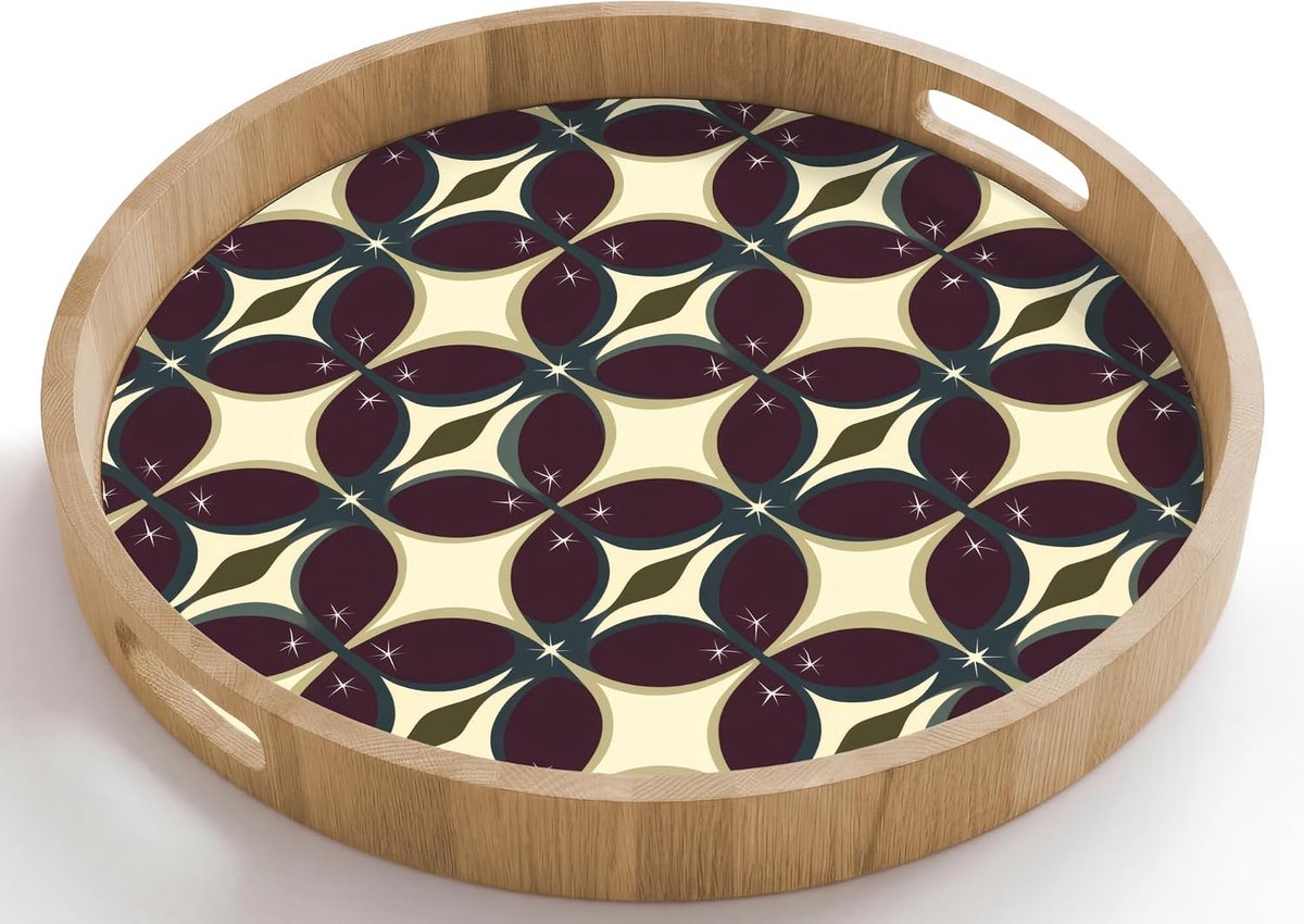 Dienblad Rond 50x50 cm Serveerblad Met Handgrepen Krasbestendig Hittebestendig Eikenhout Wooden Serving Tray Koffie Thee Cirkel - Retro - Kleurrijk
