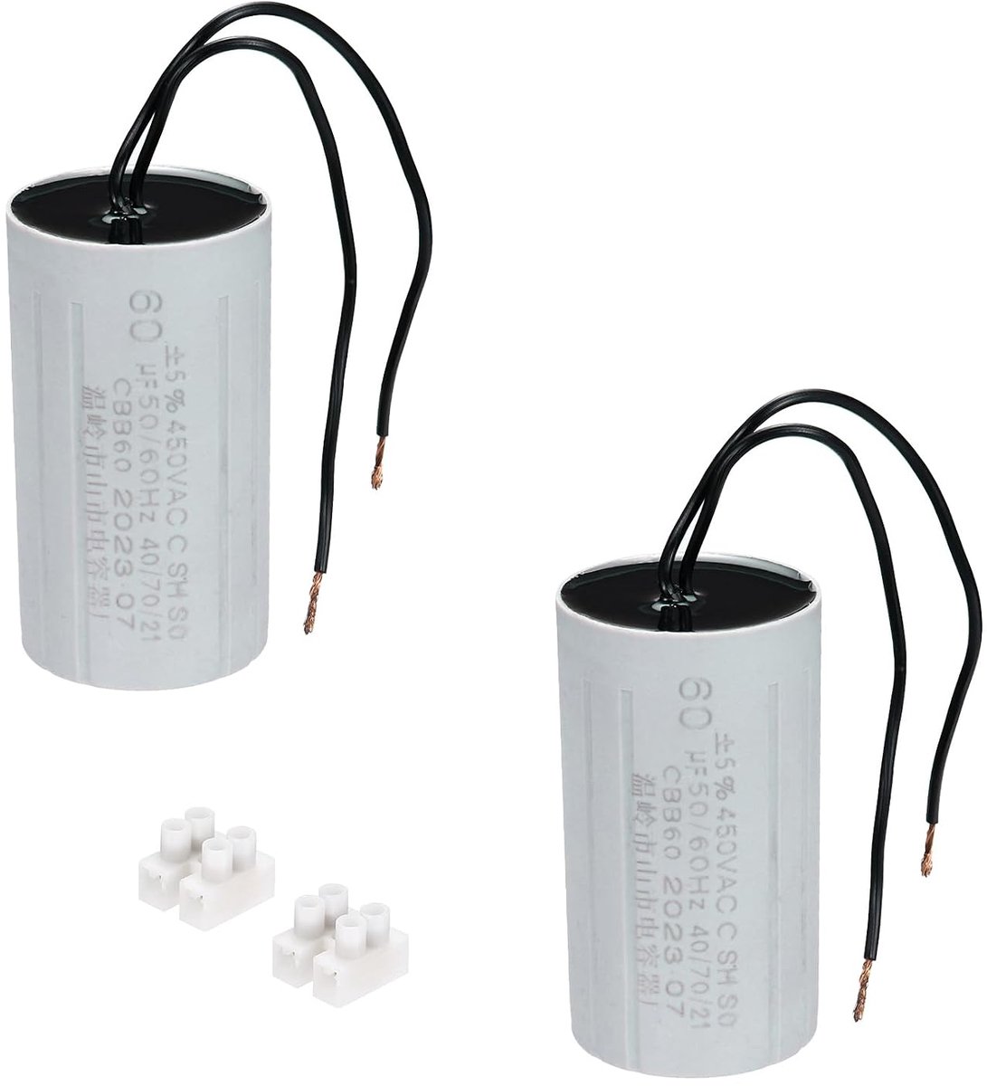 2 stuks CBB60 condensator, 60 µF, 450 V, startcondensator, kunststof, motorcondensator, werkcondensator met 2 zwarte draden voor elektrische motoren en pompen elektromotor, 50 x 90 mm, grijs