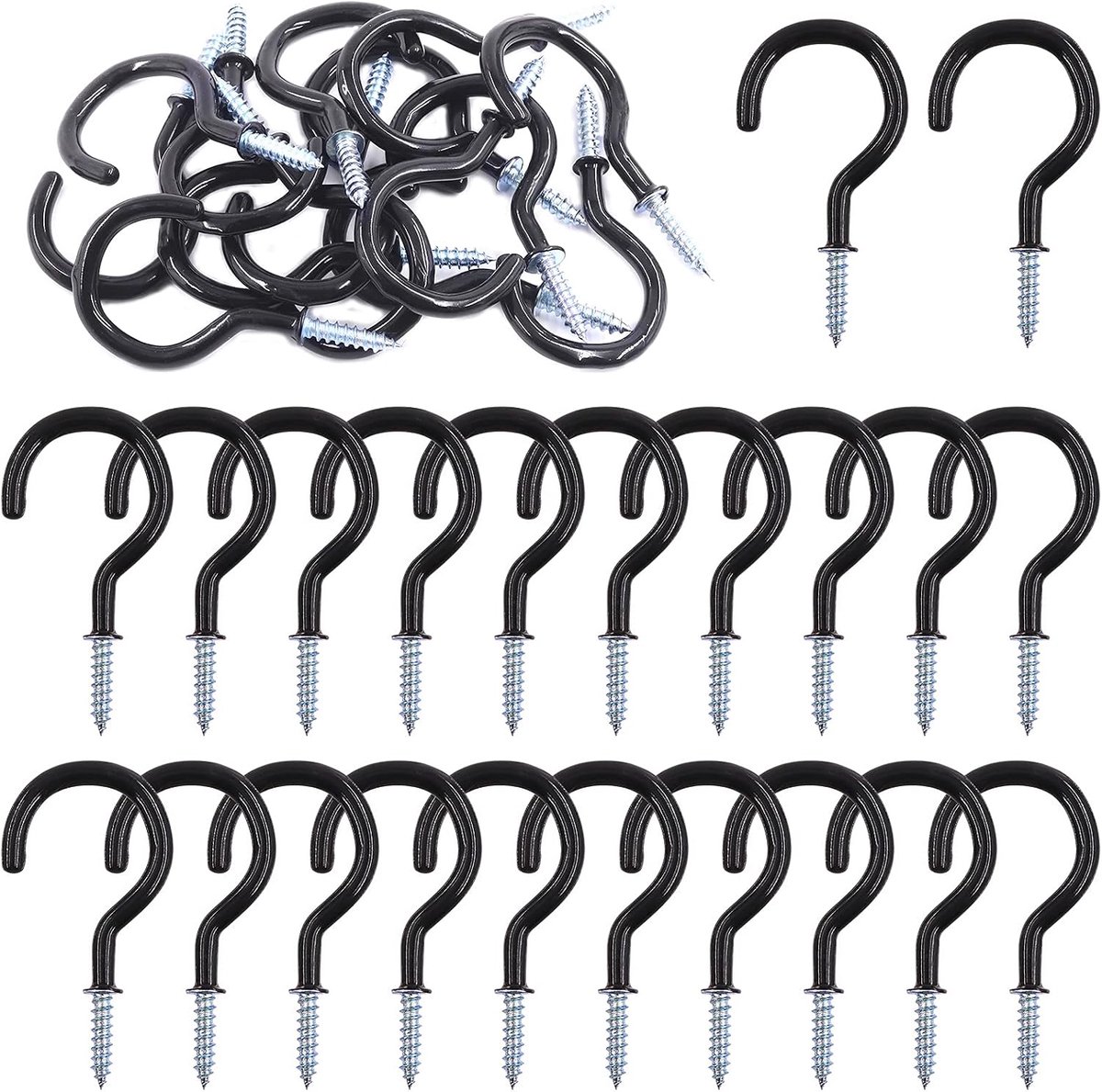 30 stuks zwart 6 maten vinyl gecoate beker haken schroefhaken schroef haken mok haken hangers assortiment kit voor thuis en op kantoor gebruik (zwart)