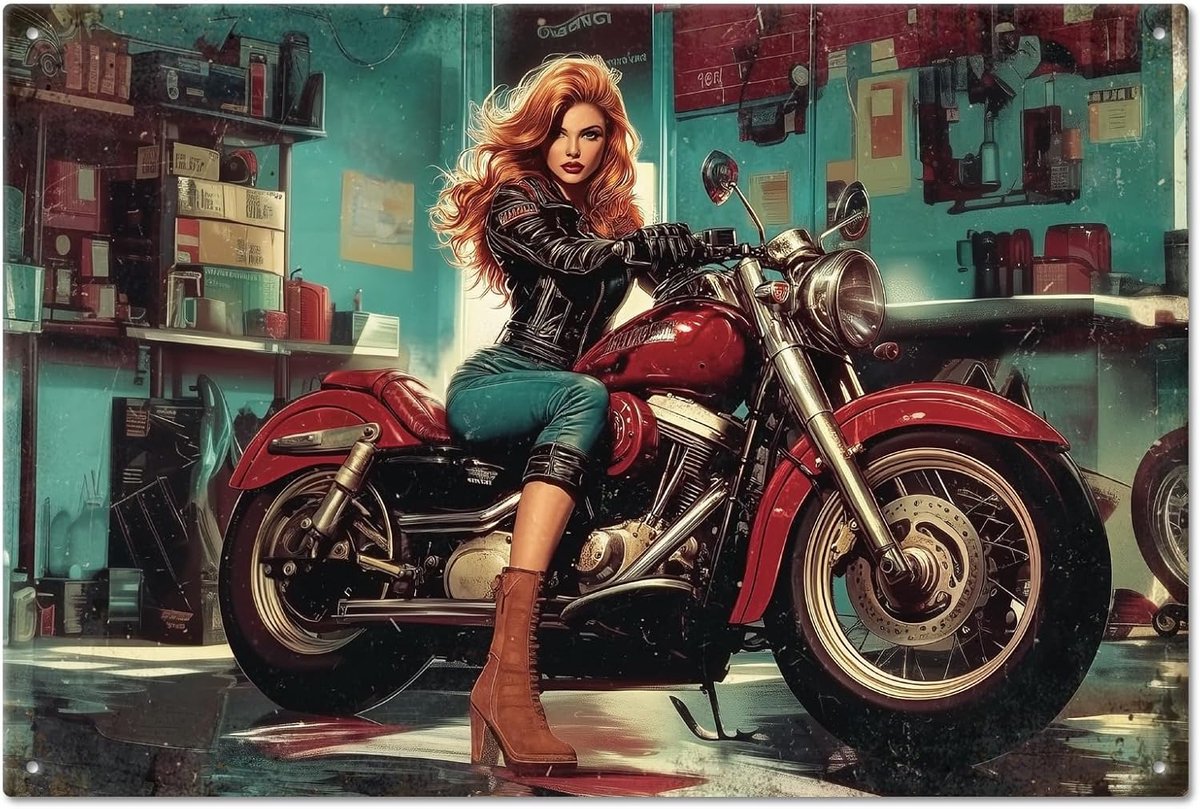 Vintage garage motorfiets dame metalen tinnen bord 20 x 30 cm vintage cool pin-up lady art plaquette poster wanddecoratie voor thuis bars clubs garage motorfiets minnaar geschenken