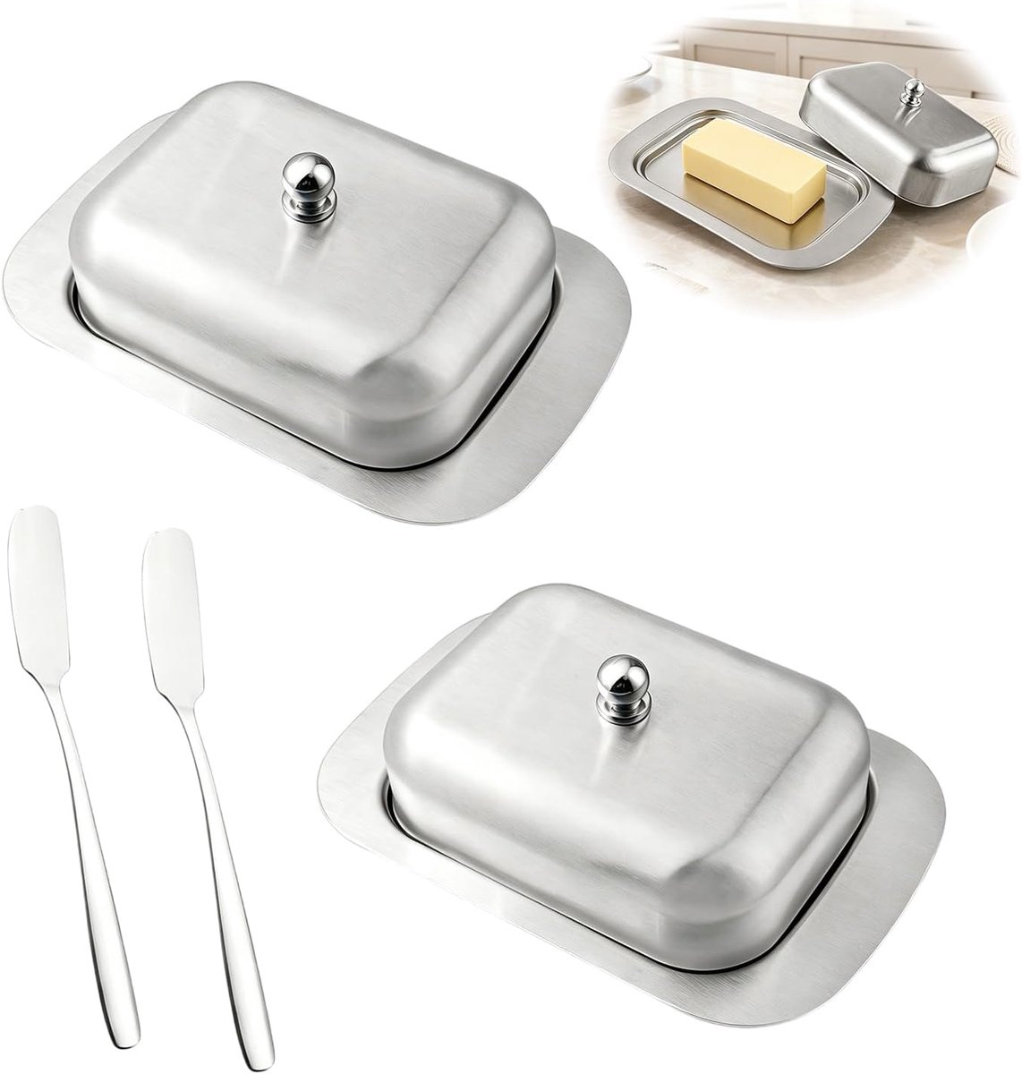 2 x botervloot van roestvrij staal (18 x 9 x 6,5 cm) | Met deksel en boterstruiker, vaatwasmachinebestendig, ruimtebesparend en stabiel, ideaal voor brood, broodjes en dips