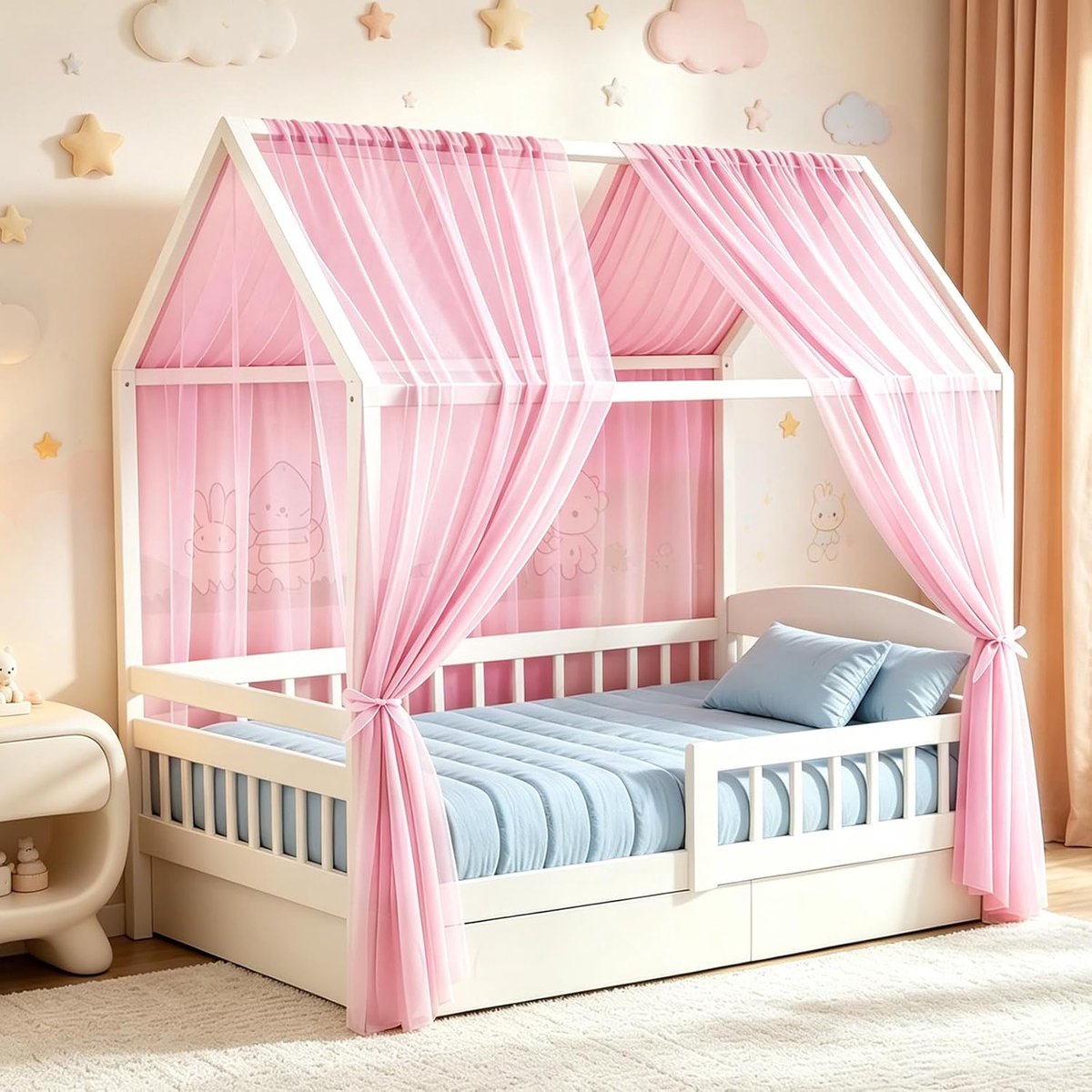 Hemel, bedhemel, huisbed, stoffen luifel voor huisbedden, meisjes en jongens, baldakijn, handgemaakte huisbed, decoratie met stoffen gordijn, bedhemel (Milanese tule, roze, H 350 x B 150 cm