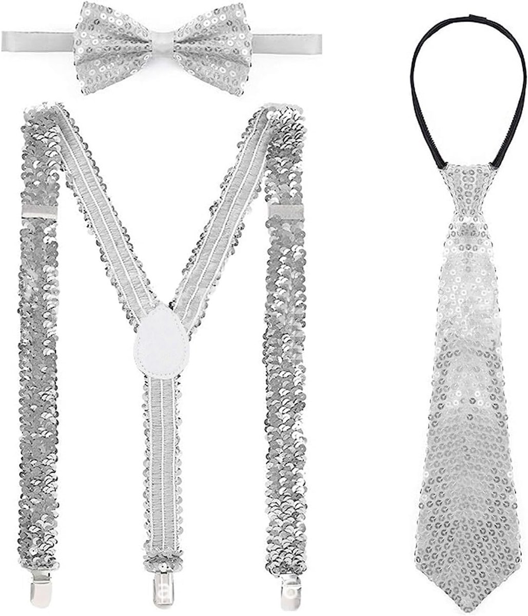 Kostuum met pailletten, hip-hop, voor vrijgezellenfeest, met bretels, vlinderdas, stropdas voor Halloween, cosplay, carnaval, cosplay, party, afstudeerbal, 3 stuks