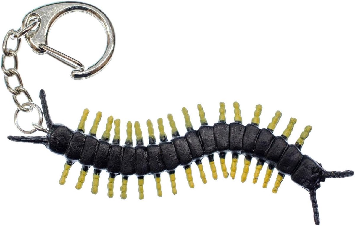 Sleutelhanger met duizendpootjes voor Halloween, horror insecten, zwart en geel, handgemaakt modesieraad, zwart, 80mm