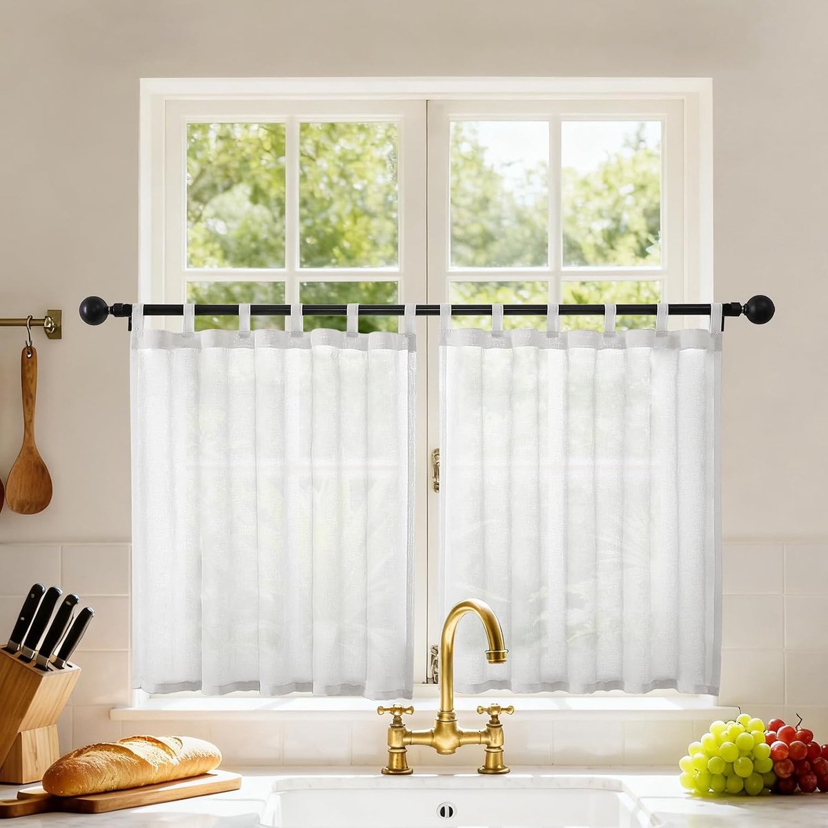 Gordijn met lussen, 2 stuks, 120 x 30 cm (b x h), doorschijnend gordijn voor binnendecoratie, voor kleine ramen, kasten, wit