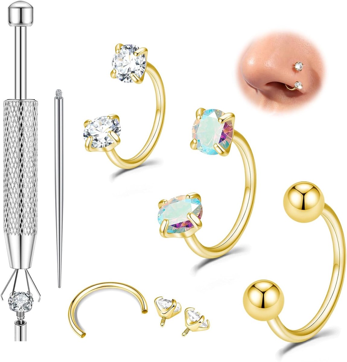 20 g hoefijzer-neuspiercing met twee stenen voor dames en heren | 7-8 mm septum-piercingsieraad (goud/zilver) – hypoallergene neusring van titanium