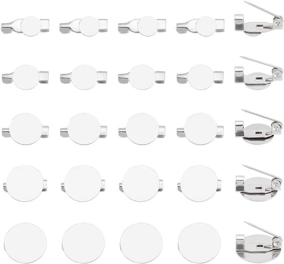 50 Stuks 5 Maten Platte Ronde Broche Pin 6/8/10/12/14mm Roestvrij Staal Broche Bezel Dienblad Basis Instellingen Lege Dome Broche Maken voor Badge Corsage DIY Sieraden Maken