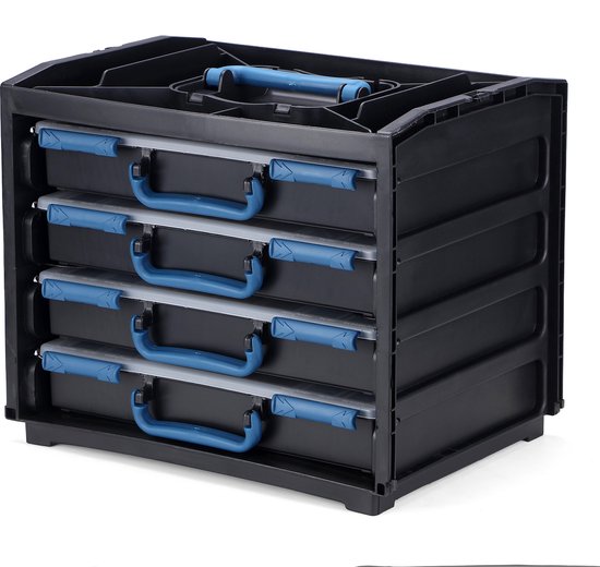 Zwarte opbergkast met vier lades met blauwe handvatten.