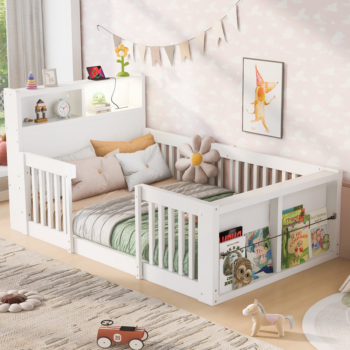 VVBV Kinderbed 90x190 cm - Opbergruimte, USB-Aansluiting, Met Planken - Wit, Hout