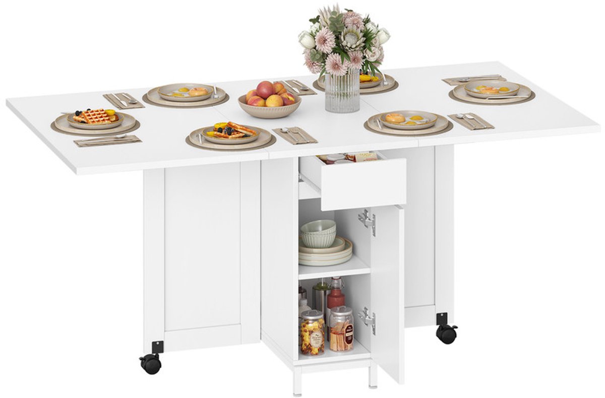 Hzuaneri Opklapbare Eettafel, Opklapbaar Paneel met Wielen, Multifunctionele Opklapbare Tafel, Voorzien Van Lades, Kastjes en Twee Open Schappen, Wit
