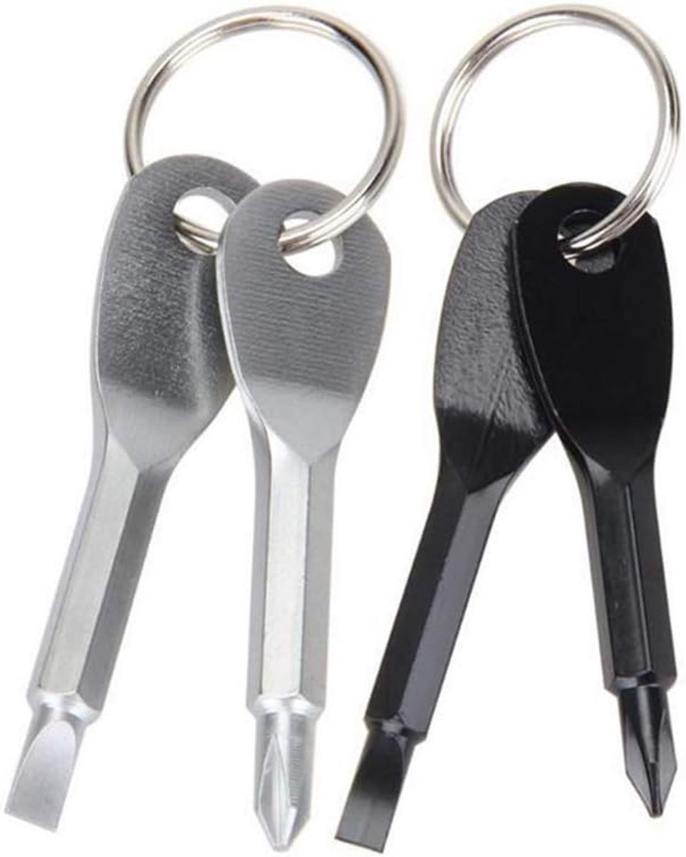 Pocket Schroevendraaier Sleutels 4 stuks - Sleutelhanger Schroevendraaier - Mini Schroevendraaier Set Sleutelhanger Tool - Pocket Survival Tool - Flathead en Cross Schroevendraaier - Precisie gegoten Staal Materiaal (Zwart - Zilver)