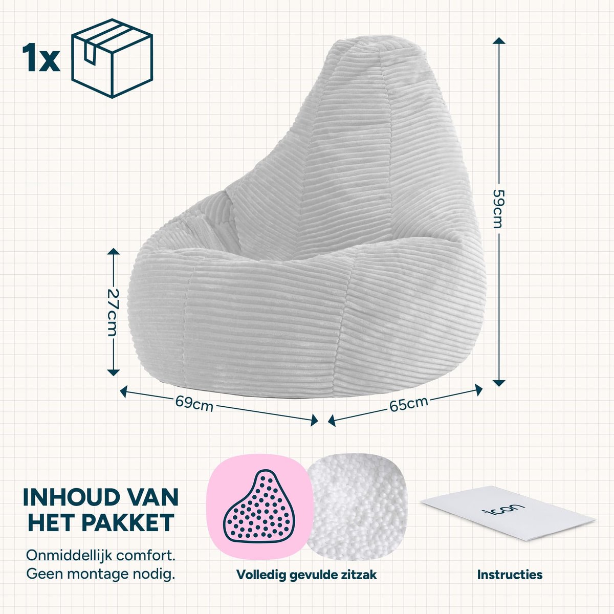 Elzusha - Kinderzitzak van Zacht Ribfluweel Lavendel Inclusief Vulling