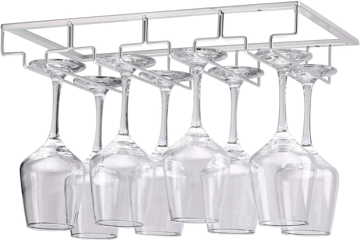 QUOVO® Ophangrek Wijnglazen - Wijnglazenhouder – Metalen Wijnglazenrek - Glazenrek Met 4 Rijen - Wijnglashouder – Organizer - Stijlvol – Bar, Keuken & Cafe - Hangend – Zilver - 22cm x 40cm x 6cm