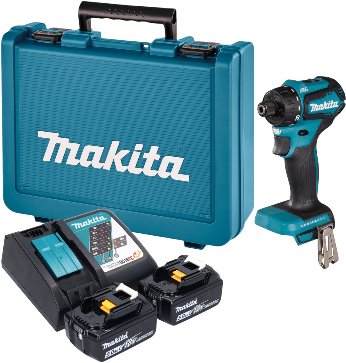 Makita DDF 083 RTE accuboormachine 18 V 40 Nm 1/4'' borstelloos + 2x accu 5,0 Ah + oplader + koffer