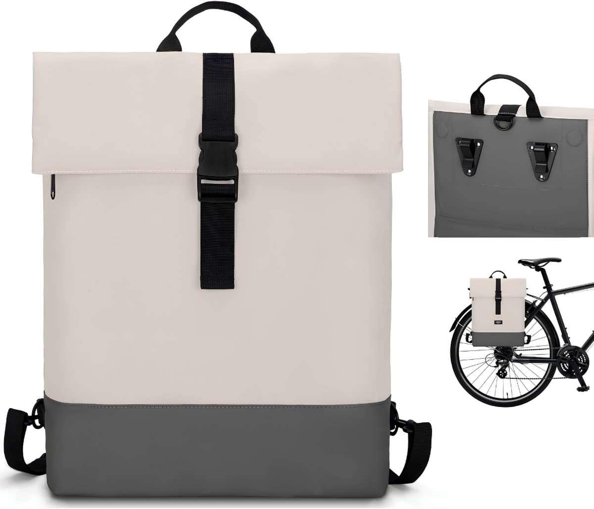 Lìon® Fietstas - 2-in-1 Fietstas-Rugzak - Fietstassen voor Bagagedragers - Zandgrijs - 30cm x 15cm x 38cm
