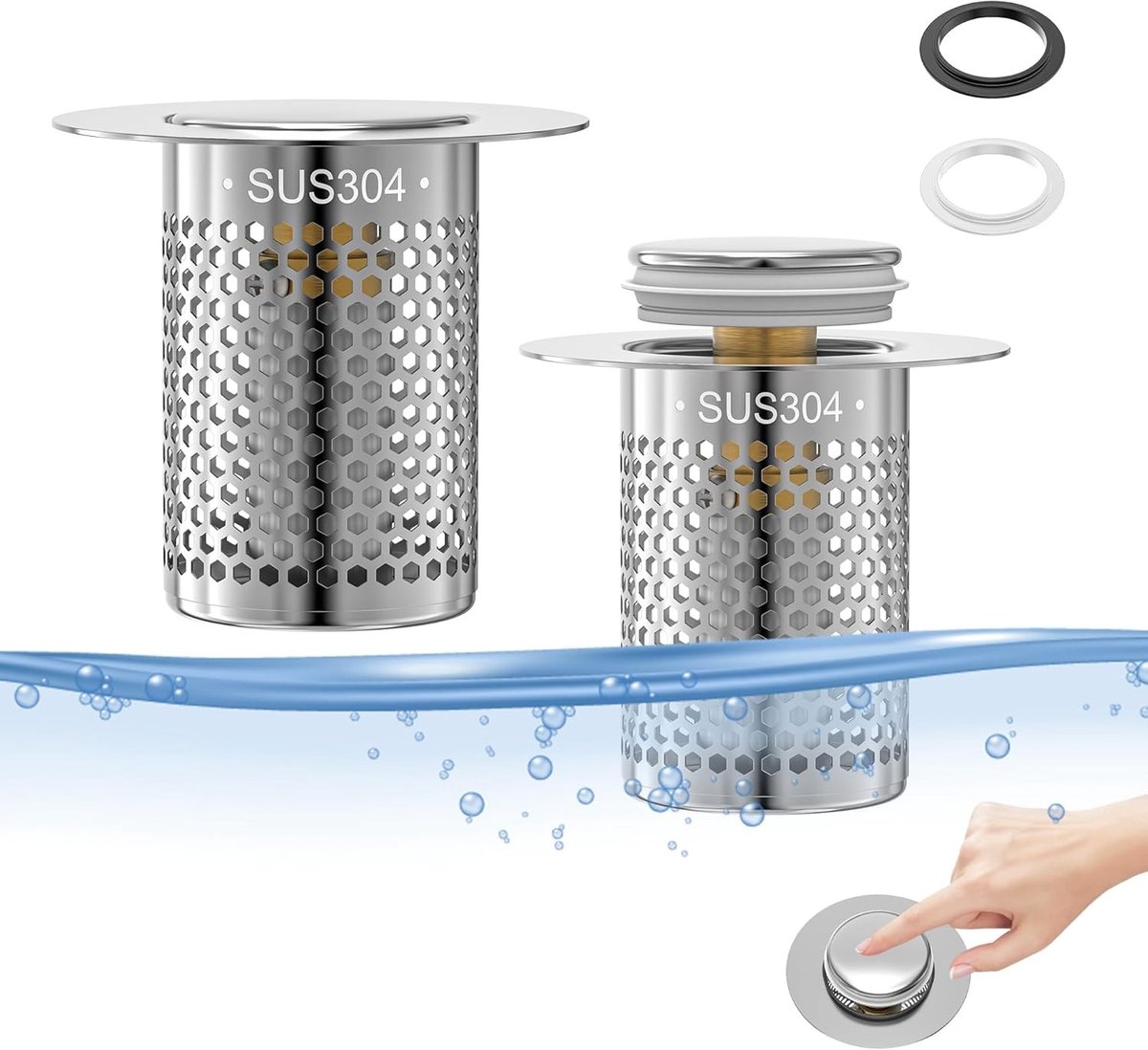 Set van 2 RVS Pop-Up Afvoerstoppen voor Badkamer en Keuken met Filter - 5,5 × 5,3 × 3,2 cm, Ideaal voor Afvoer, Waterbesparing en Gemakkelijk Onderhoud