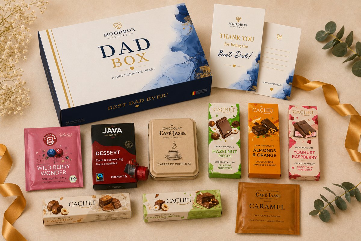 Luxe cadeaubox voor papa – Belgische chocolade, koffie, thee & lekkernijen – Gepersonaliseerde wenskaart – Moodbox Gifts – Dad Box Select
