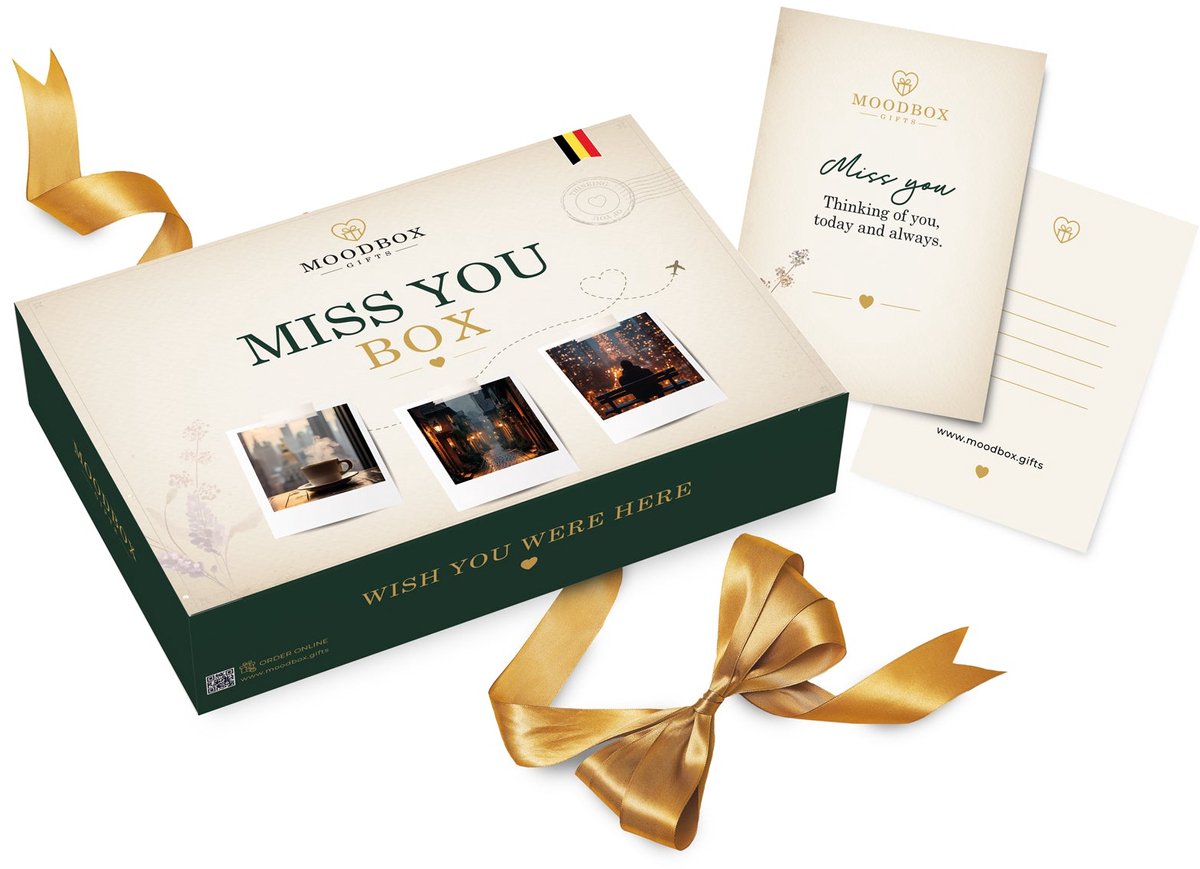 Moodbox Gifts - Miss You Box Prestige - Luxe Belgisch Cadeaupakket met Chocolade, Koffie, Thee en Lekkernijen - Gepersonaliseerde Boodschapkaart