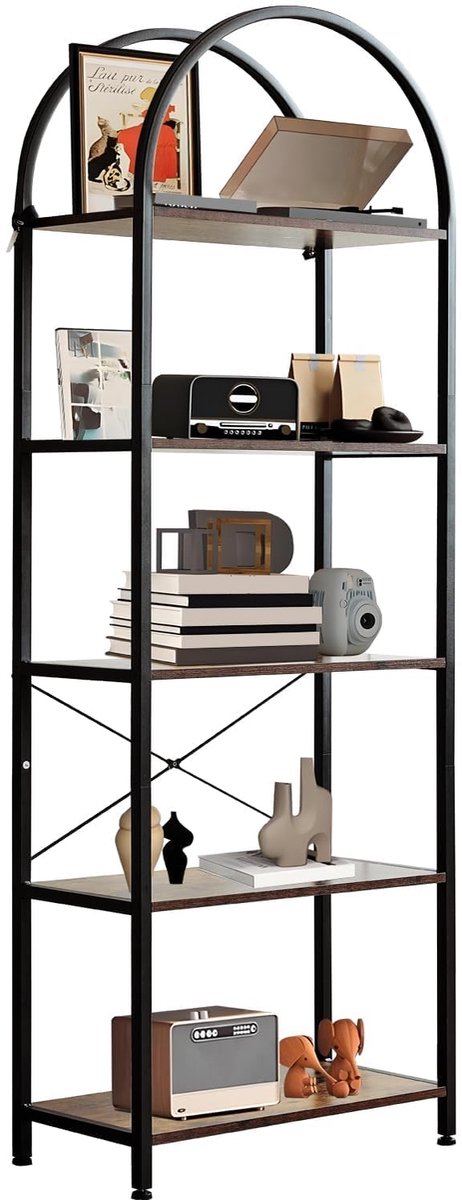 Boekenkast 5 Lagen met Boogvormige Bovenkant - 60x28x180cm - Smal Hoog - Displaykast Vrijstaand - Boekenplank - Metalen Frame - Voor Woonkamer Slaapkamer Kantoor - Bruin