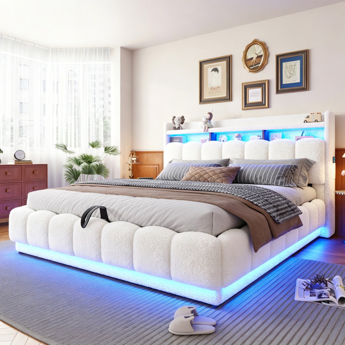 VVBV Tweepersoonsbed 180x200 cm - Hydraulische Opbergruimte, USB-Aansluiting, Stopcontact, LED-Verlichting - Wit, Metaal
