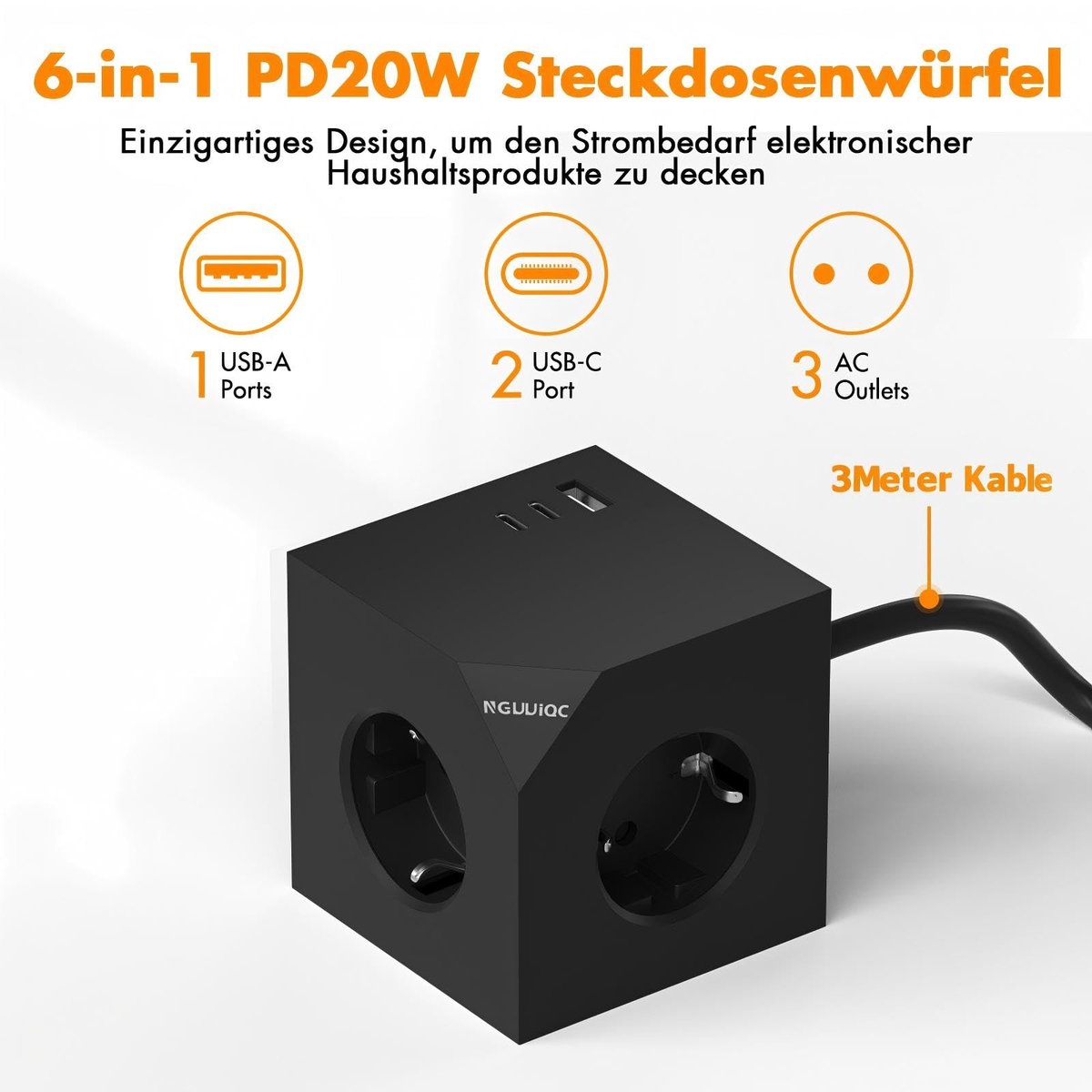 SolidKeus - 6-in-1 USB-C Stekkerdoos met Magnetische Pad en 3 Meter Kabel