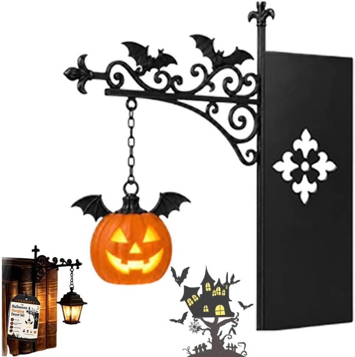 Boekensteun met Lamp - Boekensteun metaal - Bibliotheeklantaarn - Boekenstandaard - Decoratieve Boekenplankverlichting - Pompoen Bibliotheeklantaarn- Miniatuur Boekenplank Lantaarn - Halloween leeslampje - Voor Boekenliefhebbers & Lezers