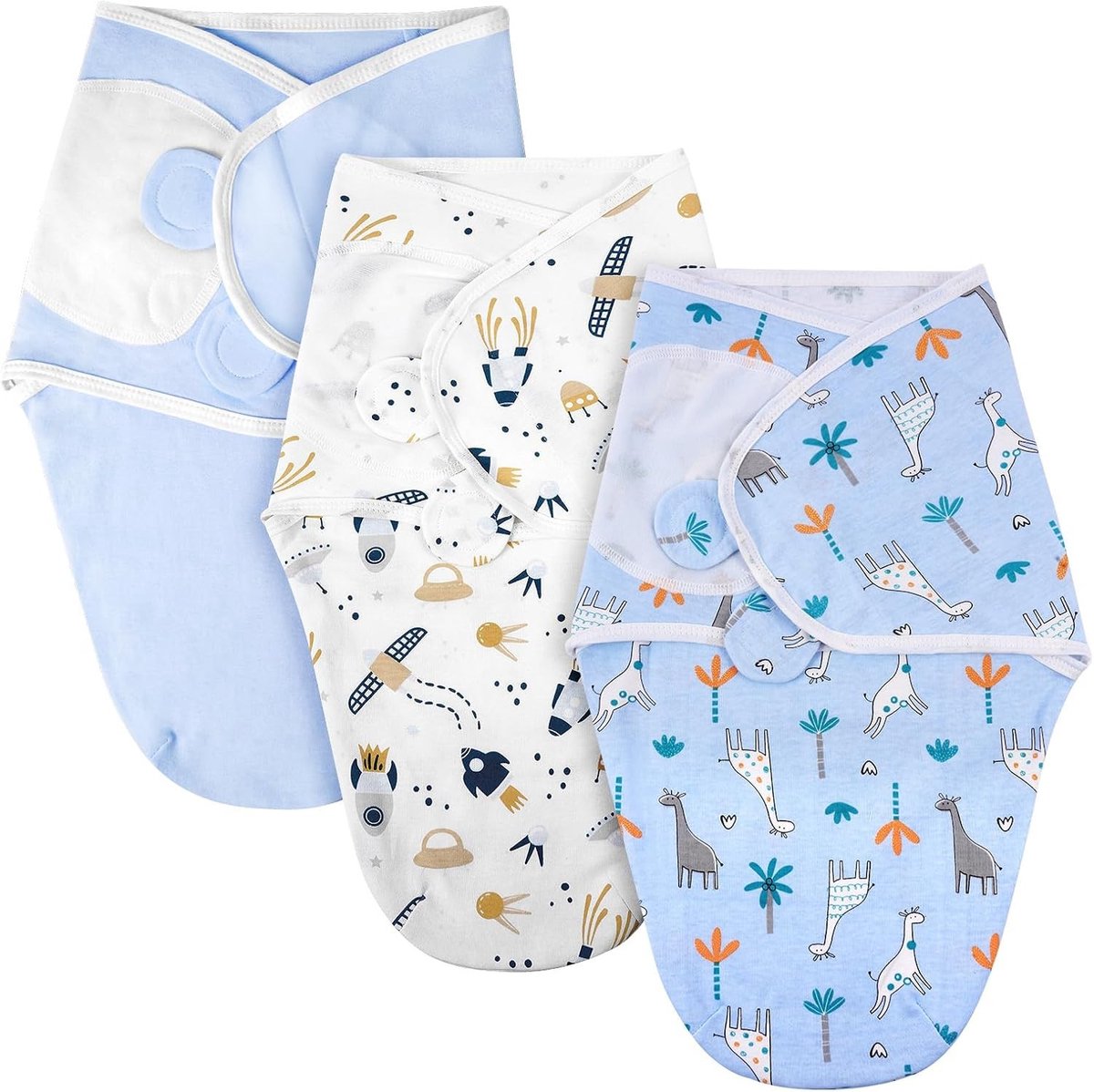 3-pack baby wikkels, ademende organic katoen babydeken voor pasgeborenen, verstelbare swaddle zak voor baby cadeau, blauw