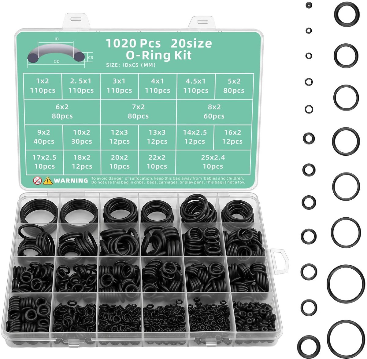 SolidKeus - Set van 1020 Nitrilrubber O-Ringen Afdichtringen in 20 Maten