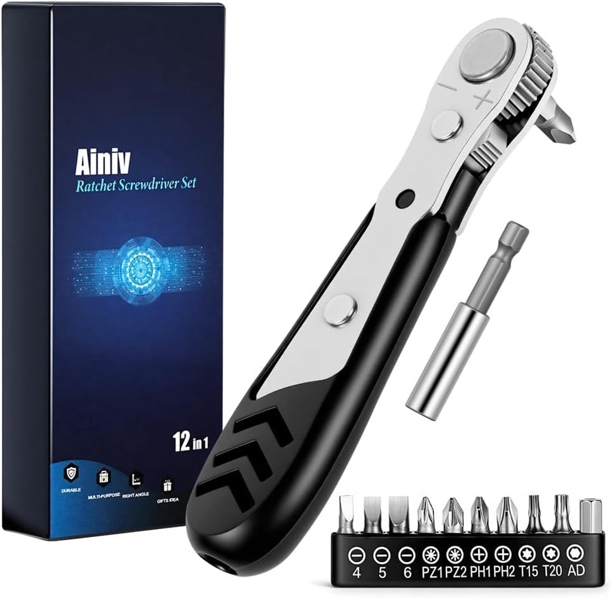 Set van 12 Mini Ratchet Schroevendraaiers met Magnetische Dubbelzijdige 6 mm en 1 Verlengstuk, Inclusief 10 Schroefbits voor Smalle Ruimtes en Precisiewerk