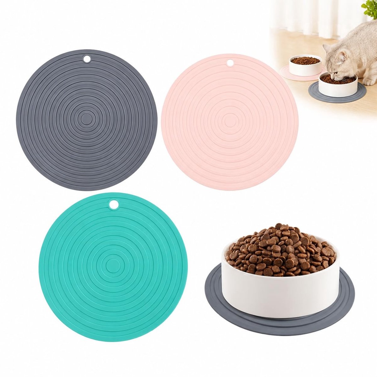SolidKeus - 3-delige Siliconen Kattenvoer- en Drinkmat Set