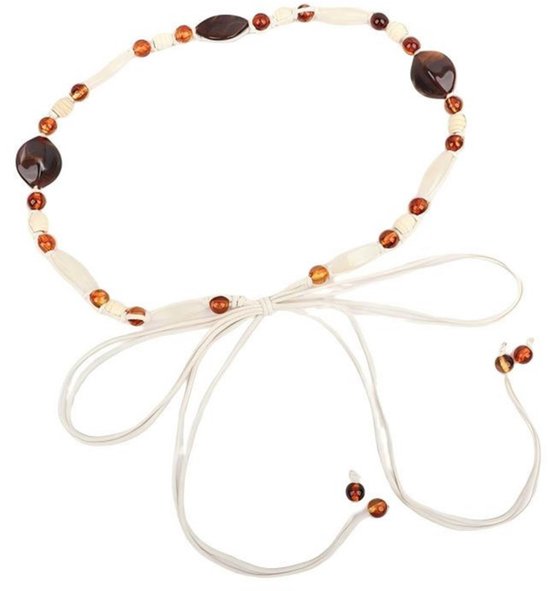 Witte ketting met amberkleurige druppels en parels, met witte strikbanden.