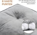 Detail van een grijs fluwelen hondenkussen met 6 verstevigingspunten en de PP Cloud Vezel vulling.