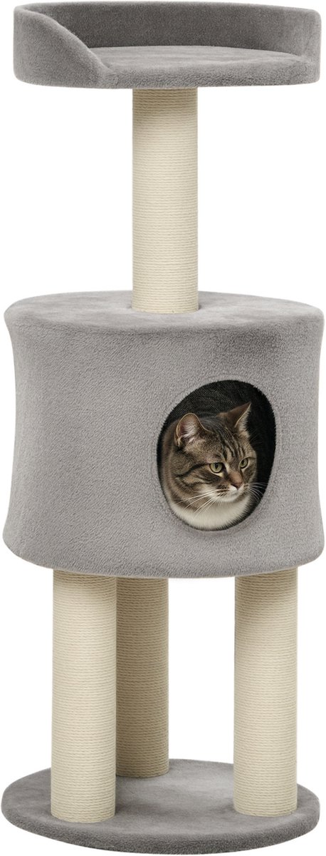 Krabpaal - Natuurlijk jute - Klimpaal - Hoogte 103 cm - Platform met groeven - Pluche - Grijs