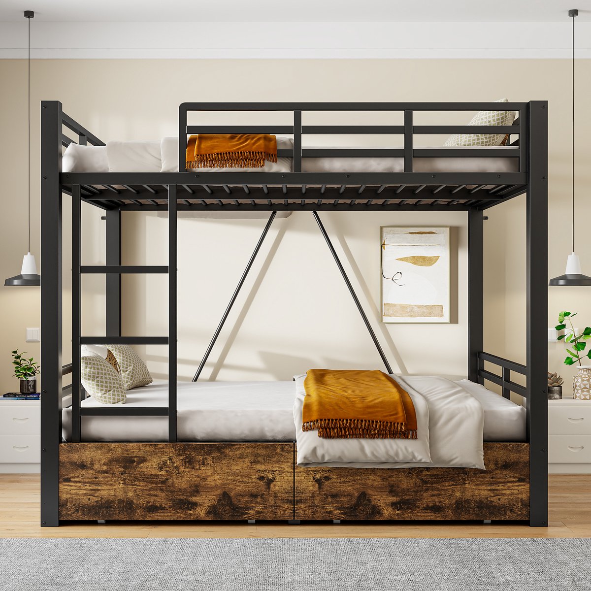 VVBV Stapelbed 140x200 cm - Uitvalbeveiliging, Opbergtrap, Met Lades, Ruimtebesparend - Zwart, Metaal