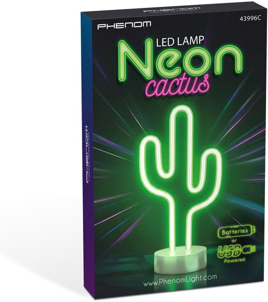 Nachtlamp Kind - Neon LED Cactus Lamp / Nachtlamp Kinderkamer - Groen - Werkt Op 3x AA Batterijen Of USB - Ingebouwde LED 2835 - 120 LEDs - Max. 2 W - IP20 - Aan/Uit Schakelaar - 1 m USB-Kabel Meegeleverd [43996C] van PHENOM LIGHTING TECHNOLOGY — afbeelding 2