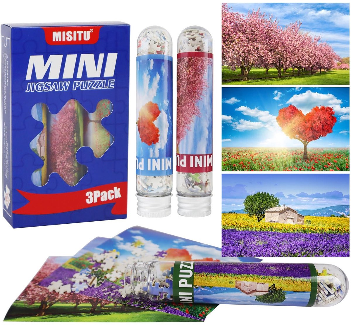 SolidKeus - Mini Puzzels voor Volwassenen, 150 Stukken (Kersenbloesem, Lavendel, Hartvormige Bloemboom)