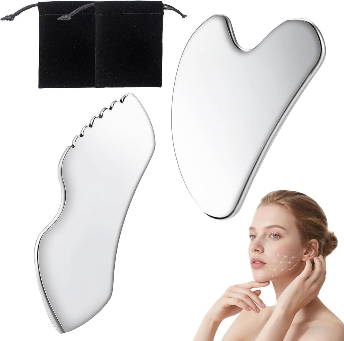 Effectieve Gua Sha Gezichtsmassage voor Strakkere Kaaklijn, Vermindering van Zwelling en Ontspanning van Gezicht, Ogen en Hals - Set van 2 Stenen