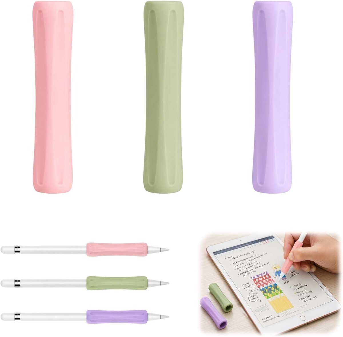3 stuks siliconen handgrepen, compatibel met Apple Pencil Pro, 2e generatie en USB-C, dikte 0,4 mm, Apple Pencil Grip, ergonomisch design, anti-vermoeidheid, kleuren wit, roze, groen