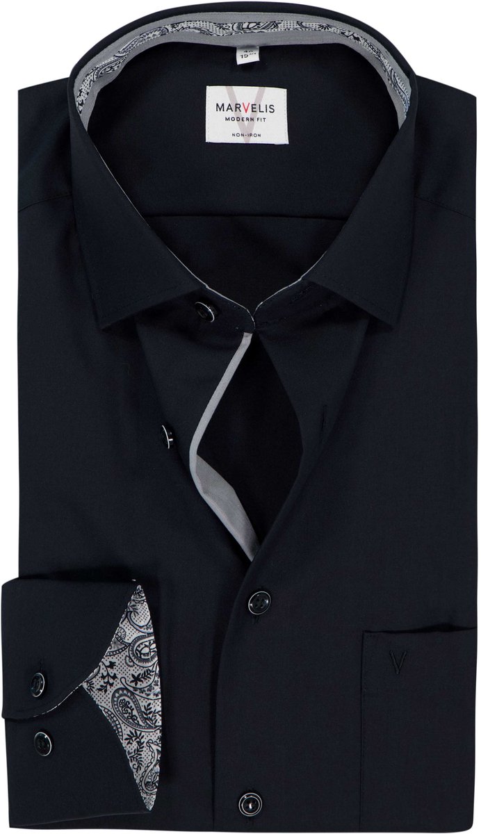 MARVELIS modern fit overhemd - popeline - zwart - Strijkvrij - Boordmaat: 40 (EU maat: M)