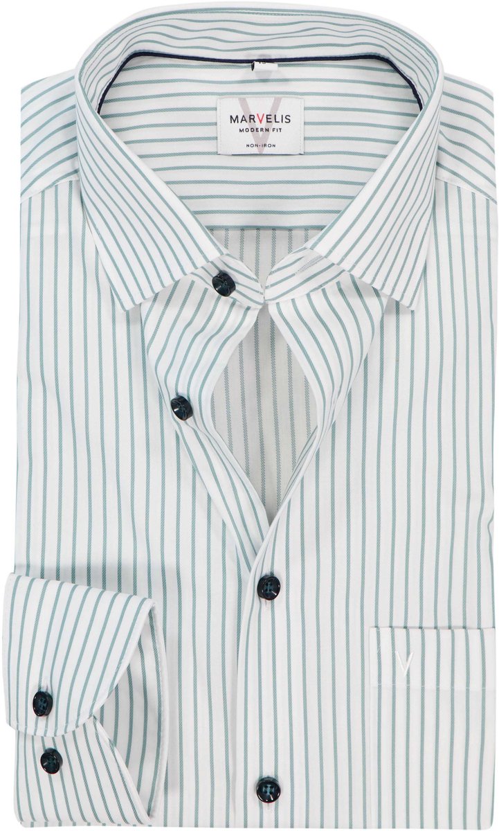 MARVELIS modern fit overhemd - popeline - wit met groen gestreept - Strijkvrij - Boordmaat: 45 (EU maat: XXL)