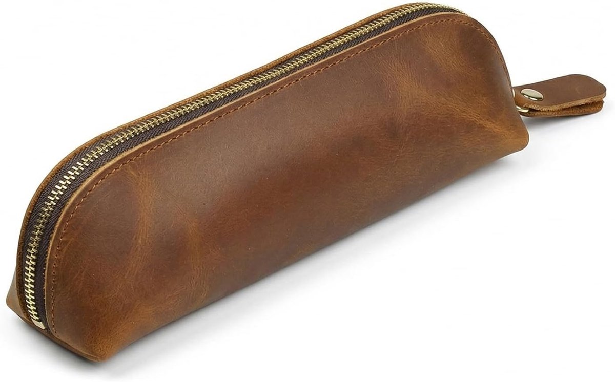 leer voor vulpen, bescherming tegen krassen, vintage etui van echt leer met ritssluiting, smal etui, zakelijk, retro pennenhoes voor balpen, bruin