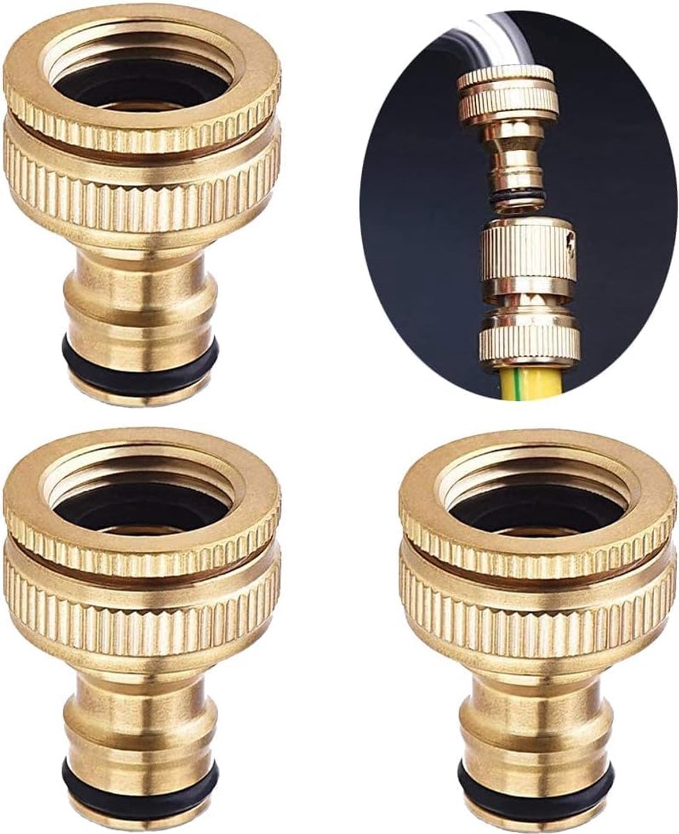 Set van 3 messing kraanaansluitingen 3/4 inch voor tuinslang met 1/2 inch 3/4 inch rolafdichtingstape