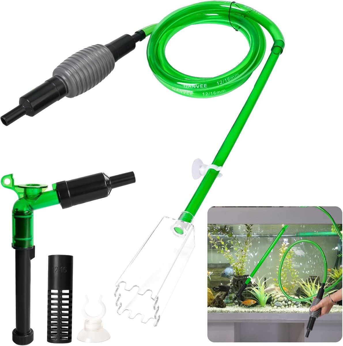 aquariumzuiger, grindreiniger, bodemreiniger, waterverversing met pomp, aquariumreinigingsset met accessoires voor waterverversing, voor kleine grote aquaria